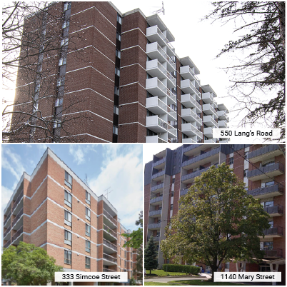Exterior views of 550 Lang's Road, 333 Simcoe Street, and 1140 Mary Street apartments.