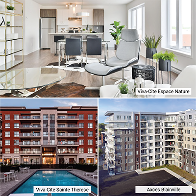An interior view of a furnished apartment, and an external view of two apartment buildings.